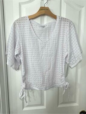 White Textured Tie-Hem Short Sleeve Blouse